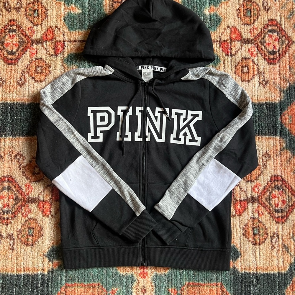 PINK Victoria's Secret Women's Black and Gray Hoodie Jacket
